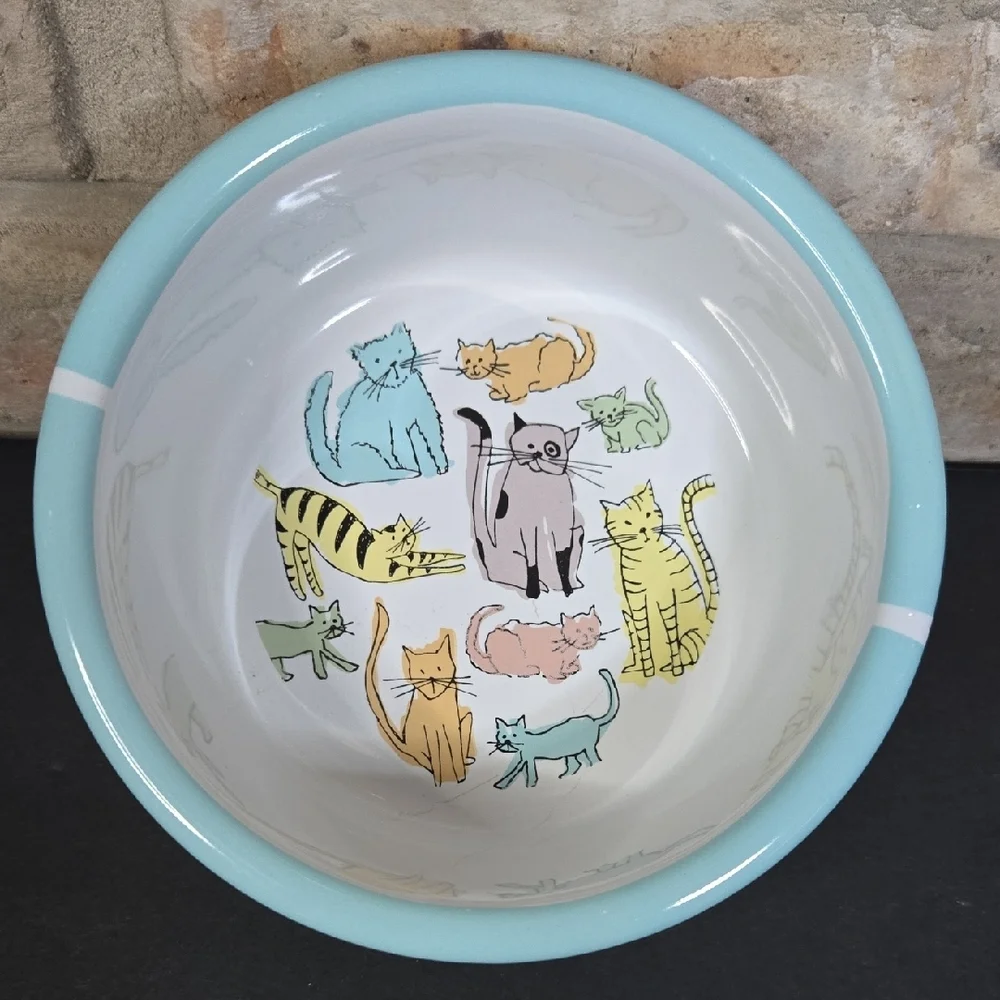 Stoneware Ceramic Cat Print Water and Food Bowl Dishes - NEW